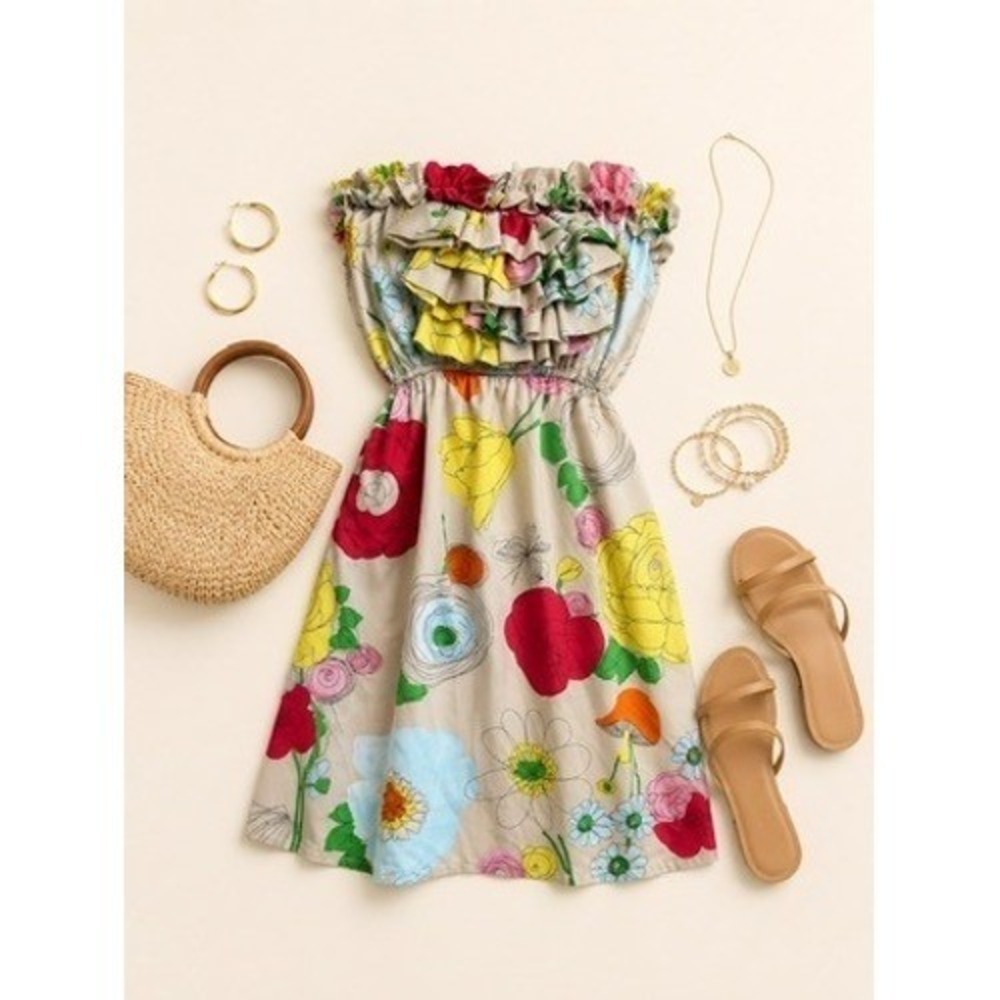 Judith March Abstract Floral Strapless Ruffle Mini Dress Size Small